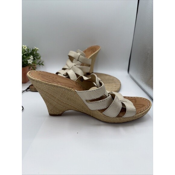 Born Sandals Tan Leather Woven Wedge Block Heel Slip-on Cross Strap Women Sz 9 - Picture 8 of 13
